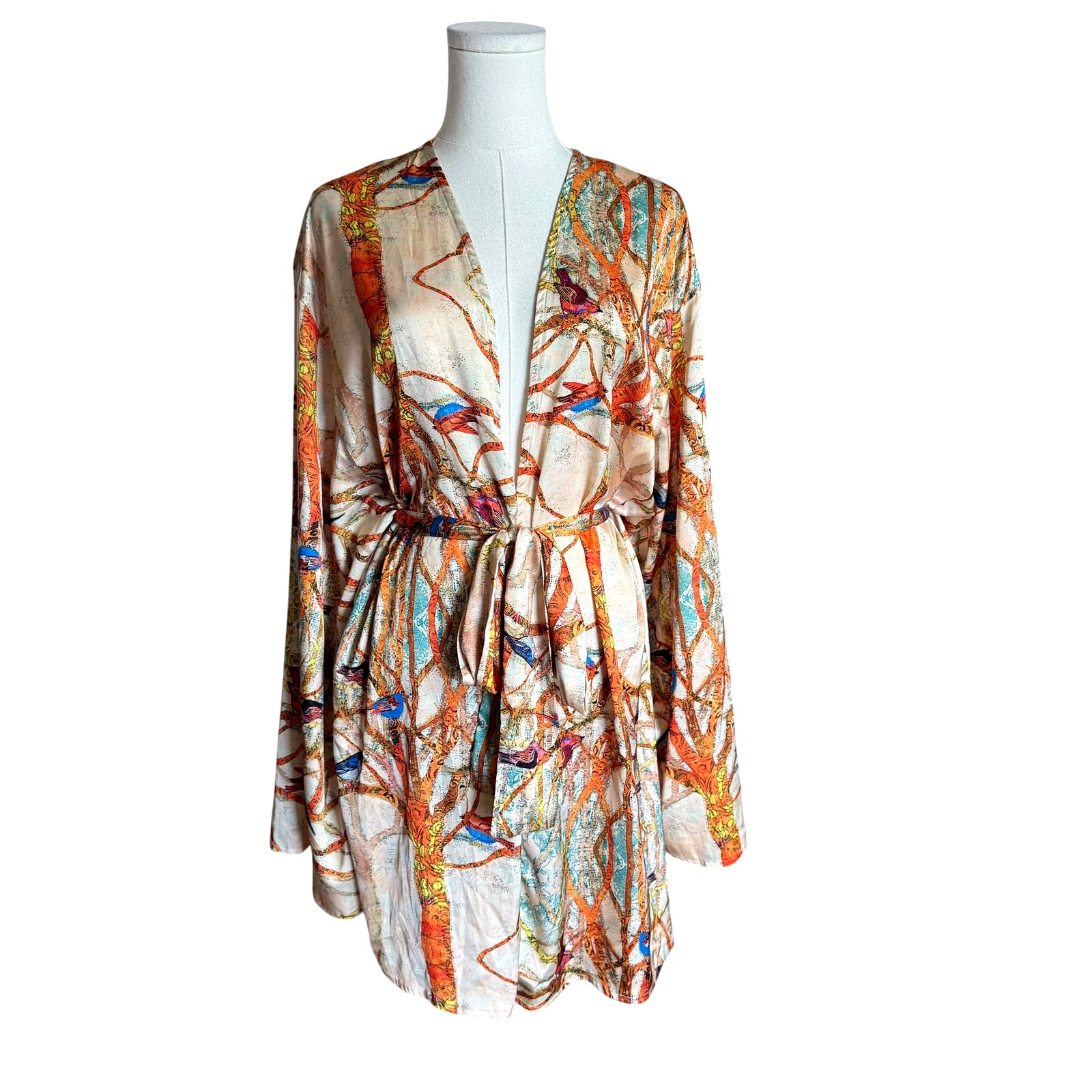 Chic Le Frique Satin Kimono Wrap Top Shorts Set Bird Print Resort Lounge S/M — image 5 of 8